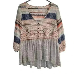 Ecote Womens Top Size M Semi Sheer Boho Blouse Babydoll Festival Peasant Hippie